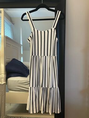 LOFT Black and White Striped Tiered Maxi Dress
